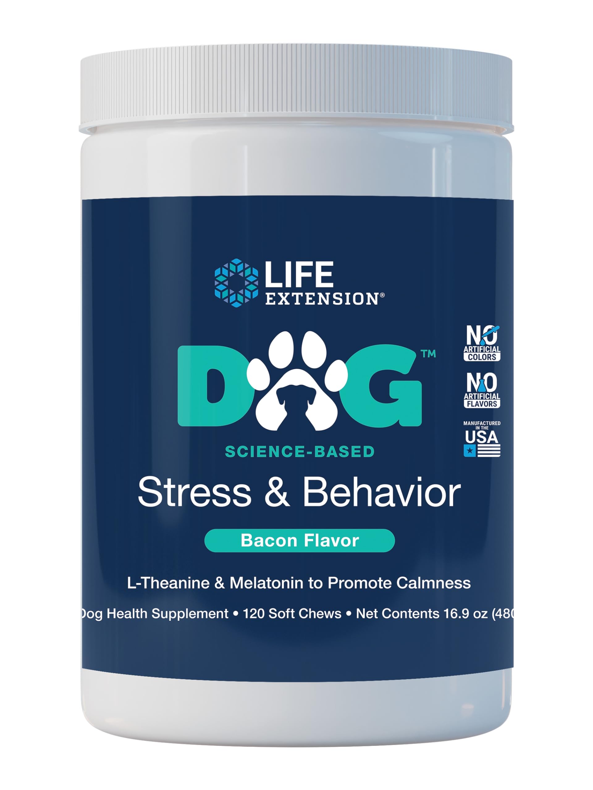 Life Extension Dog Stress & Behavior Soft Chews - Calming Dog Health Supplement - Promotes Relaxation, Calm Behavior and Stress Relief - Melatonin and L-theanine -120 Soft Chews, Bacon Flavor