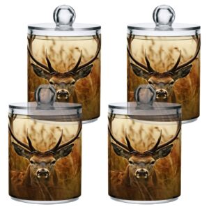 FUGIDOG 4 Pack Qtip Holder Dispenser Antler Deer 14 oz Clear Plastic Apothecary Jar with Lids Bathroom Accessories Storage Containers Vanity Organizer for Cotton Swab, Ball, Pads, Floss