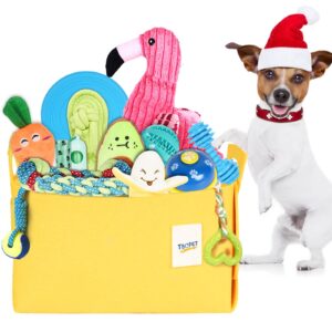 22 pack dog chew toys for puppy small & medium breed dogs with rope toys & dog toy basket, treat balls, flamingo plush squeaky toys, puppy teething toys, promote dog dental health, exercise & bonding