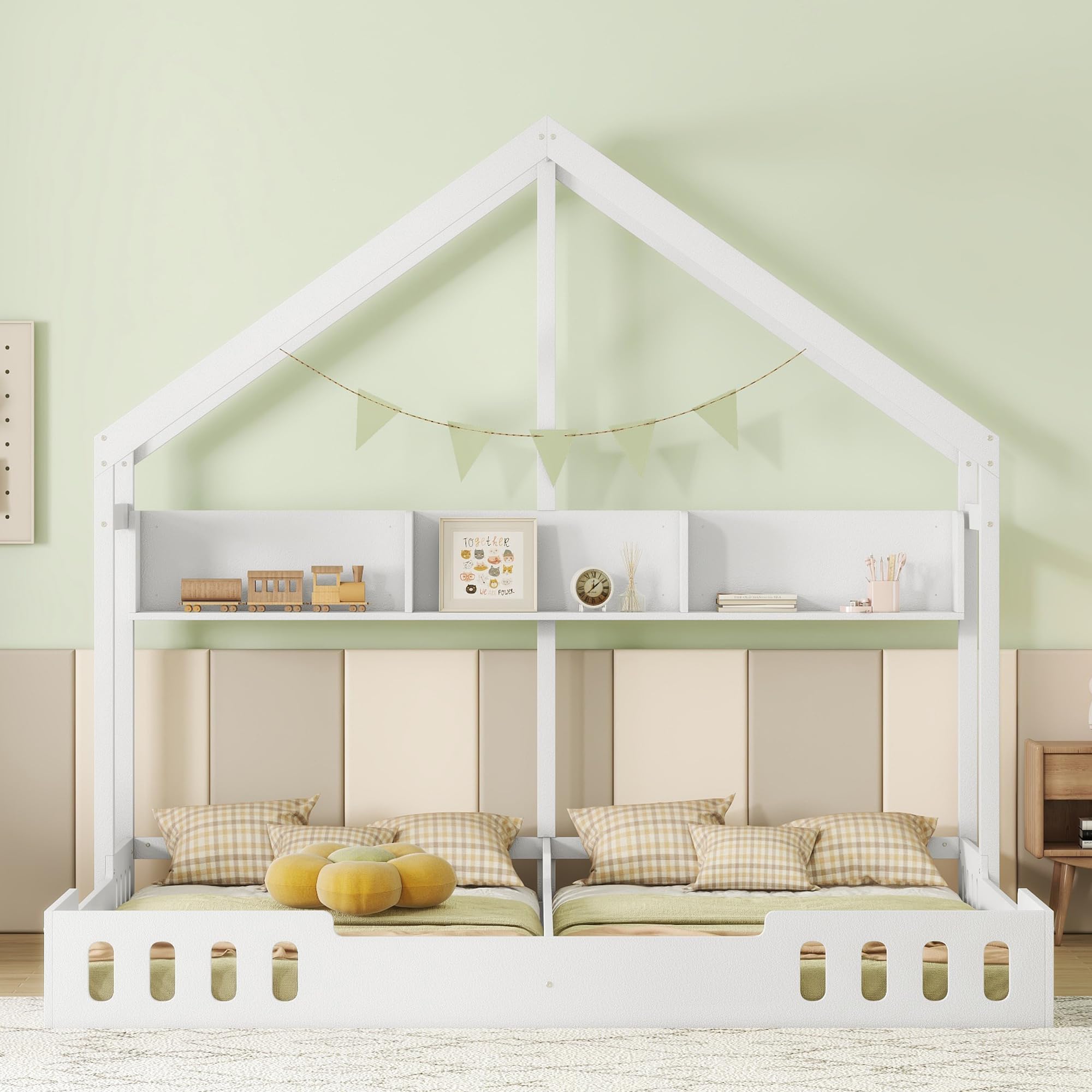 Harper & Bright Designs Twin House Bed for 2 Kids,Wood Double Twin Platform Beds with Rails, Montessori Floor Bed,Two Shared Beds with Shelves and Guardrail,Creamy White