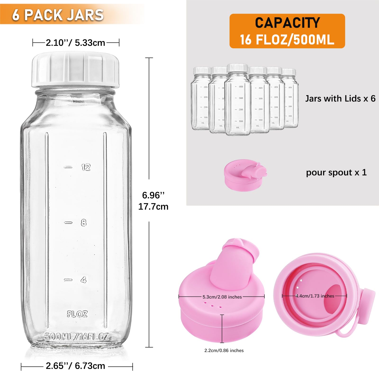 16 Oz Square Glass Milk Bottles with A Silicone Cover, 6 Pack Glass Bottles for Juicing with Airtight Lids, Glass Drinking Bottles with Lids and Scale Mark, Easy to Carry