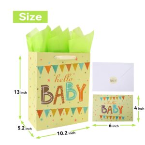 13" Large Light Yellow Gift Bag Set with Greeting Card and Green Tissue Paper(Hello Baby) for Baby Shower,Kids Birthday Party,Baby Boy or Girl, Newborn,New Moms or Parents 10.2”x5.2”x13”, 1 Pcs