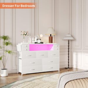 DRAWERHOM Dresser TV Stand with Power Outlets and LED Lights for 55'' TV, 11 Drawers Dresser with Side Pocket, Fabric Chest of Drawers with PU Finish, Sturdy Frame & Wood Top (White)