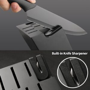 KATISUN 16 Pieces Kitchen Knife Block Set with Cutting Board, German Stainless Steel Knife Set with Sharpener, Dishwasher Safe, Anti-Slip Handle, 6 Steak Knives, Black