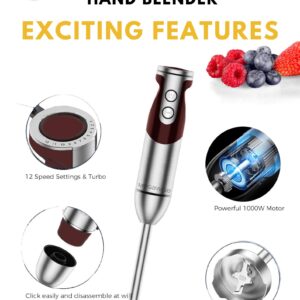 Megawise 3-in-1 Hand Blender – 12-Speed, Includes Powerful Blender Stick, Whisk, and Milk Frother – Easy to Clean and Perfect for Smoothies, and More (Red)