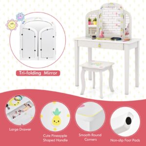 HONEY JOY Kids Vanity Set, Toddler Beauty Makeup Dressing Table w/Stool & Drawer, Tri-Fold Silver Mirror, Detachable Top, Pineapple Theme Wooden Princess Pretend Play Vanity Set for Little Girls