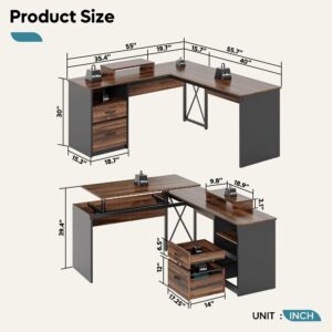 Bestier Lift Top L Shaped Desk with File Drawer, 55'' x 55'' Office Desk with Reversible Storage Drawers, L Shaped Standing Desk with Computer Monitor Stand (Walnut, 55'' x 55'')