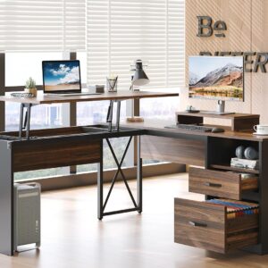 Bestier Lift Top L Shaped Desk with File Drawer, 55'' x 55'' Office Desk with Reversible Storage Drawers, L Shaped Standing Desk with Computer Monitor Stand (Walnut, 55'' x 55'')