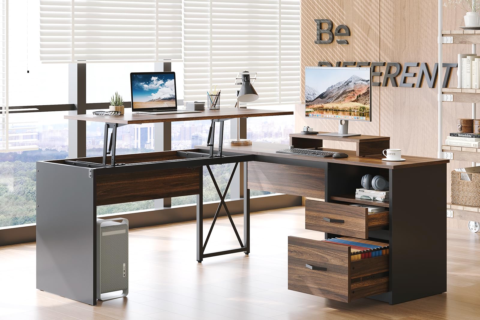 Bestier Lift Top L Shaped Desk with File Drawer, 55'' x 55'' Office Desk with Reversible Storage Drawers, L Shaped Standing Desk with Computer Monitor Stand (Walnut, 55'' x 55'')