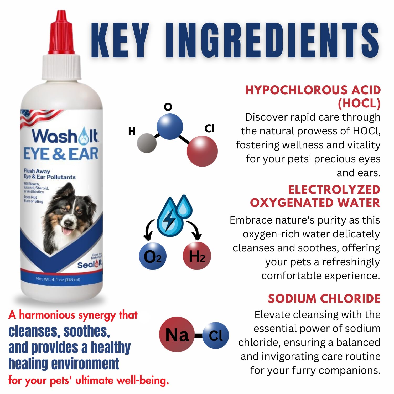 Wash-It Eye and Ear Wash for Pets to Flush Out Contaminants, Irritations & Dirt | US-Made Dog Ear Wash & Tear Stain Remover with Hypochlorous Acid for Rapid Care with No Irritation (4oz)