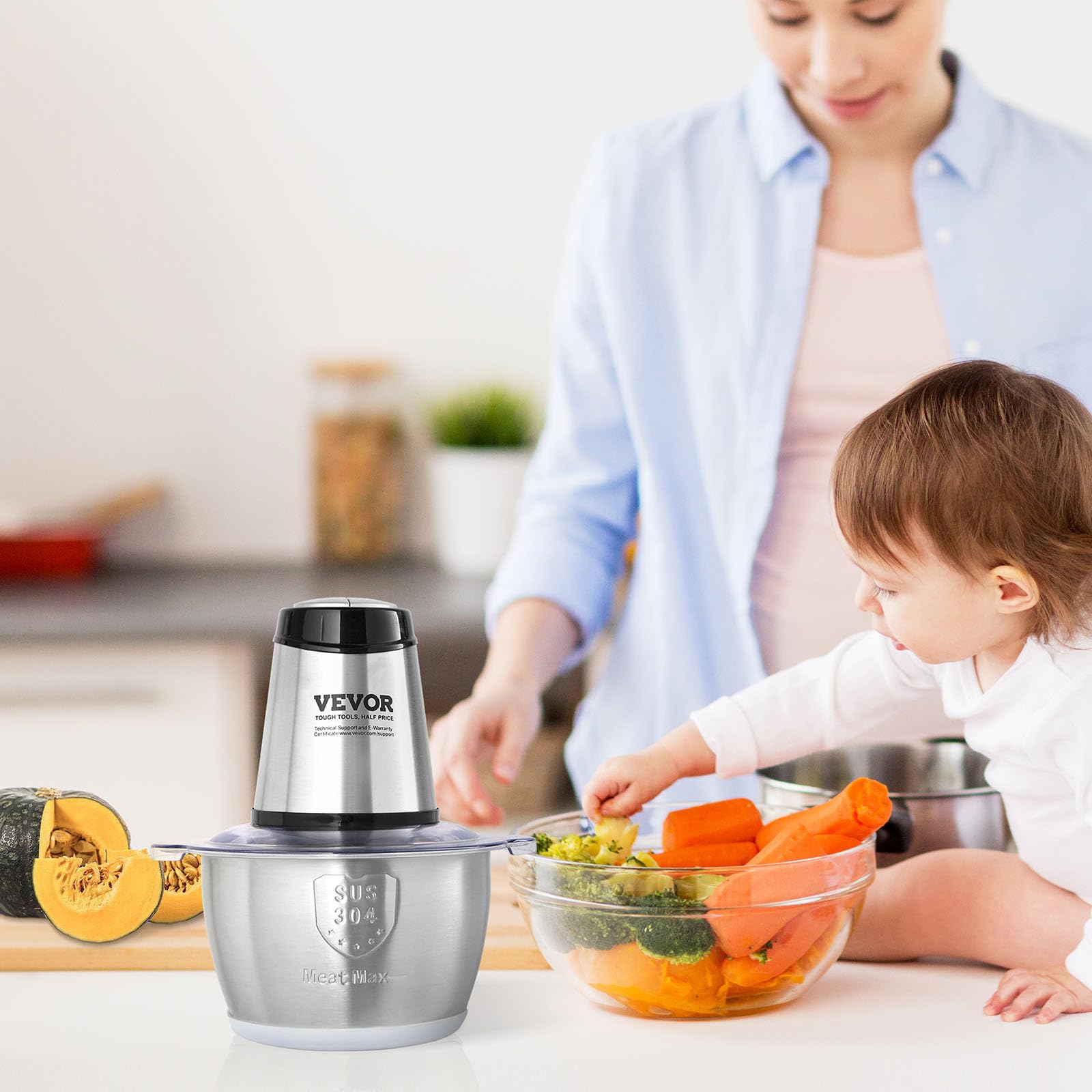 VEVOR Food Processor, Mini Electric Chopper 400W, 2 Speeds Electric Meat Grinder, Stainless Steel Meat Blender, for Baby Food, Meat, Onion, Vegetables, 8 Cup