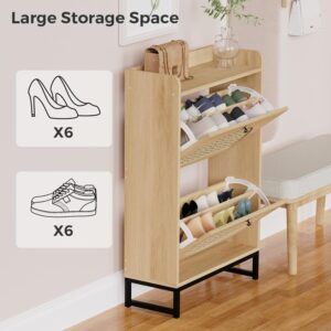 KFO Shoe Cabinet with 2 Handmade Natural Rattan Flip Drawers, Entryway Shoe Rack Storage Organizer for Sneakers, Leather Shoes, Slippers, Free Standing Shoe Racks……