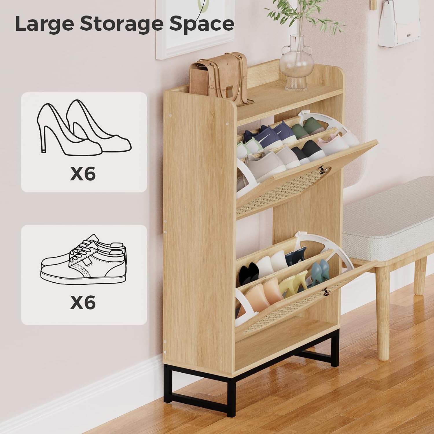 KFO Shoe Cabinet with 2 Handmade Natural Rattan Flip Drawers, Entryway Shoe Rack Storage Organizer for Sneakers, Leather Shoes, Slippers, Free Standing Shoe Racks……