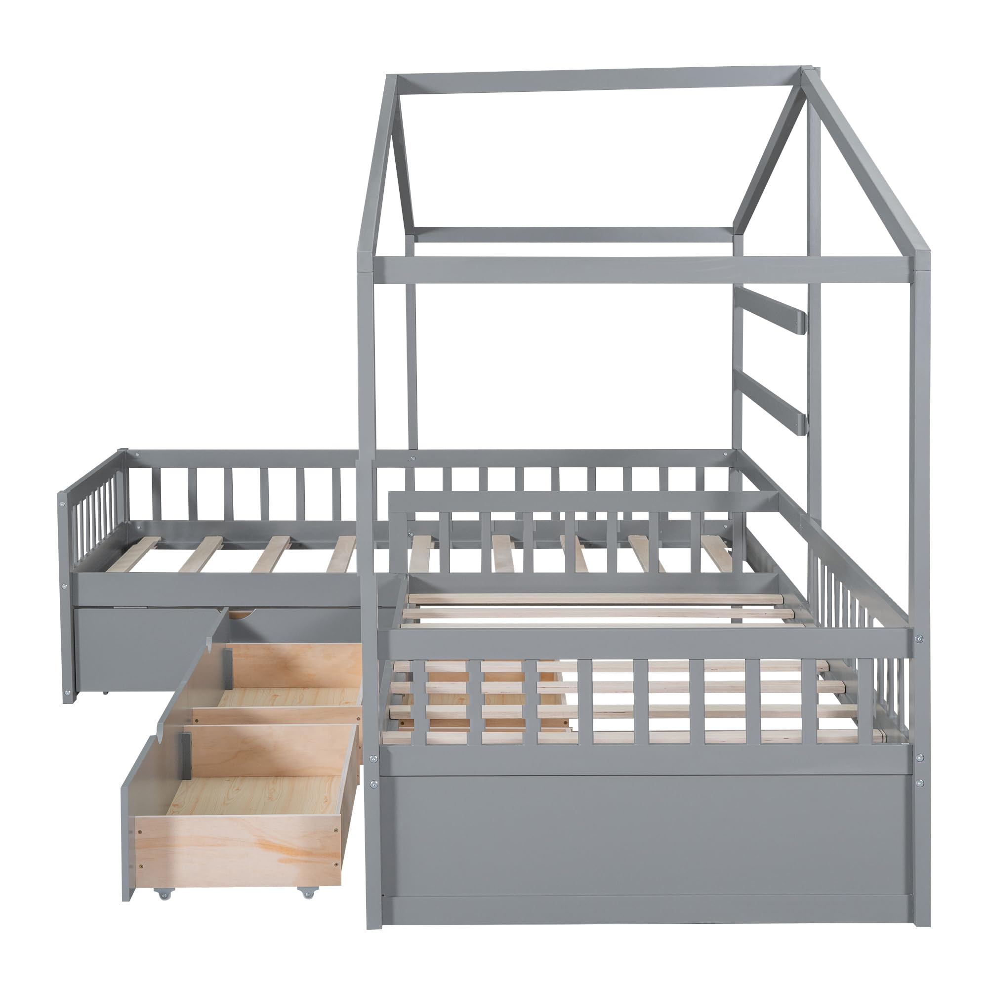 Merax House Bed for 2 Kids Twin Size, Wood L-Shaped Double Platform Bed with 3 Storage Drawers, for Boys Girls Teens, Grey