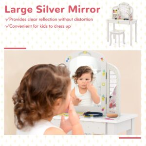 HONEY JOY Kids Vanity Set, Toddler Beauty Makeup Dressing Table w/Stool & Drawer, Tri-Fold Silver Mirror, Detachable Top, Pineapple Theme Wooden Princess Pretend Play Vanity Set for Little Girls