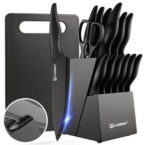 katisun 16 pieces kitchen knife block set with cutting board, german stainless steel knife set with sharpener, dishwasher safe, anti-slip handle, 6 steak knives, black