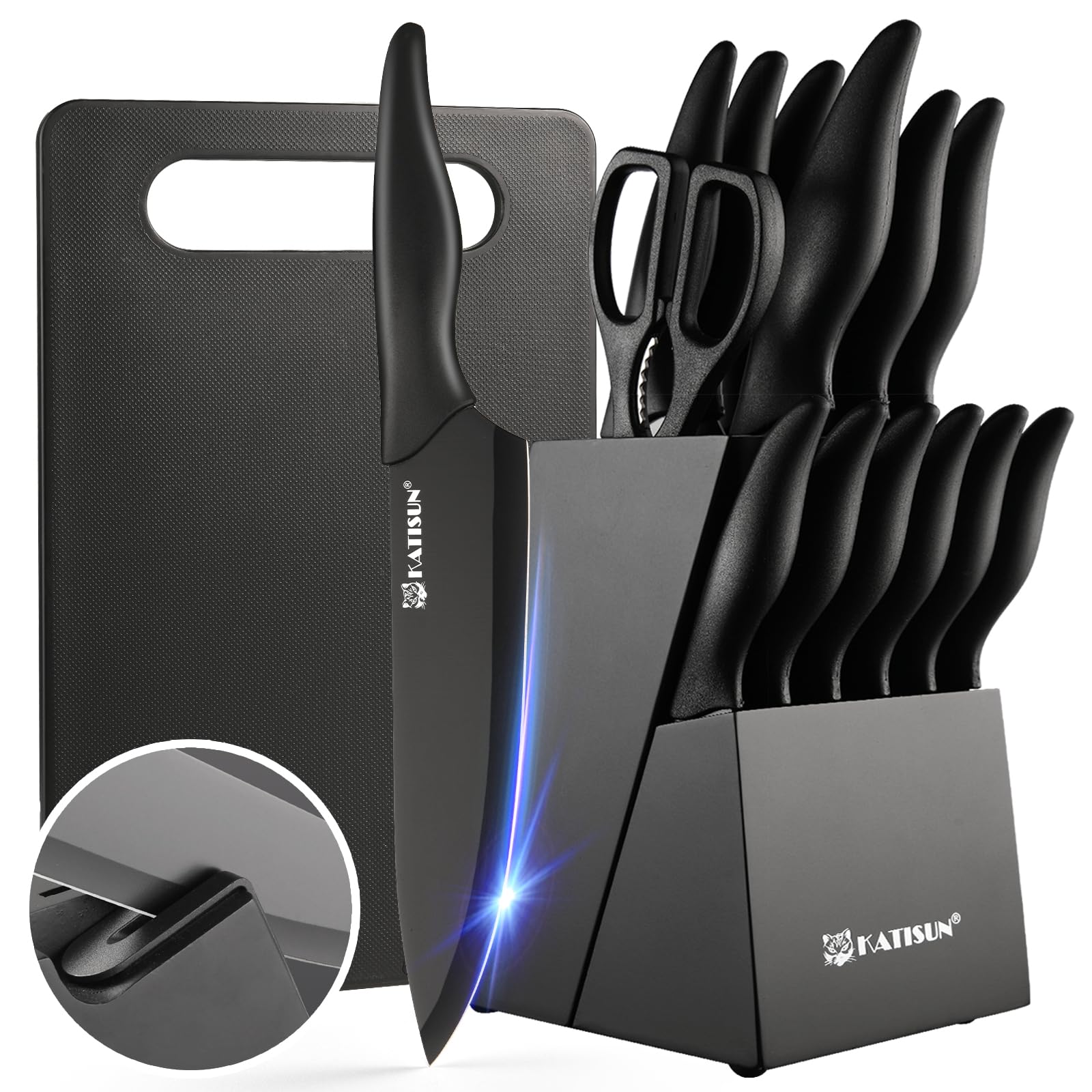 KATISUN 16 Pieces Kitchen Knife Block Set with Cutting Board, German Stainless Steel Knife Set with Sharpener, Dishwasher Safe, Anti-Slip Handle, 6 Steak Knives, Black