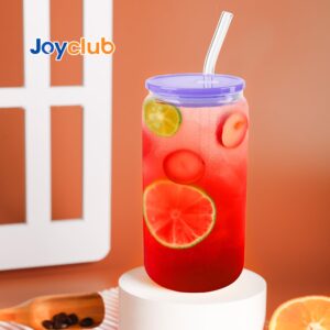 Joyclub 8pcs Glass Cups with Acrylic Lids and Straws 16 oz Can Shaped Glass Iced Coffee Cups with Lids and Straws, Cute Tumbler Cup Drinking Glasses for Smoothie Whiskey Boba Soda Tea Gift