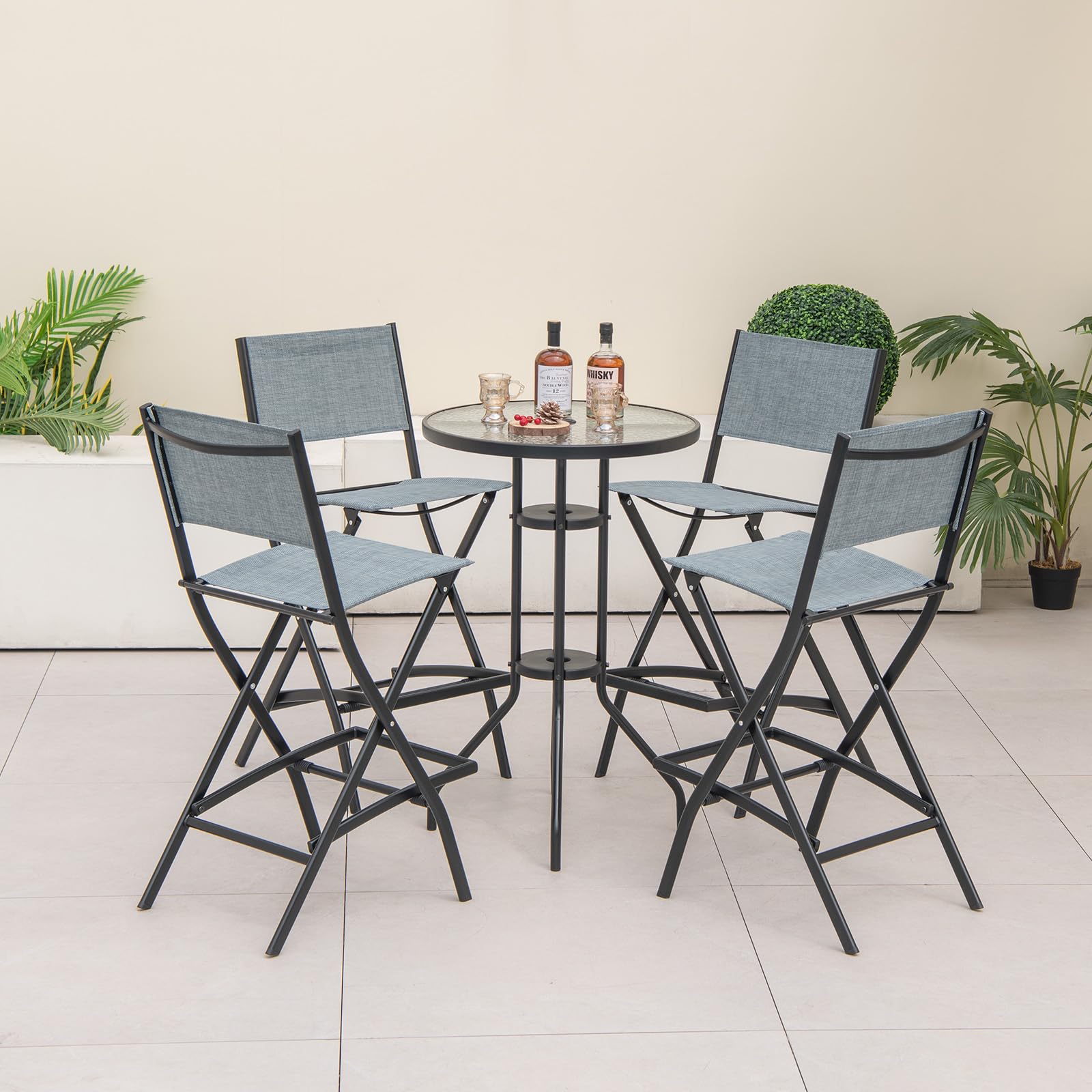 Tangkula Outdoor Barstools Set of 2, Counter Height Folding Bar Chairs with Back and Footrest, Versatile Patio Dining Chairs with Breathable Fabric & Heavy-Duty Metal Frame (2, Bluish-Grey)