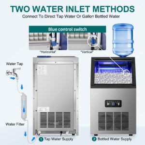 Commercial Ice Maker Machine 100Lbs/24H, 36Pcs Clear Ice Cubes Ready in 11-20Mins, Stainless Steel Under Counter Freestanding ice Machine with 23Lbs Ice Capacity for Home Party Bar, 2 Way Water Supply