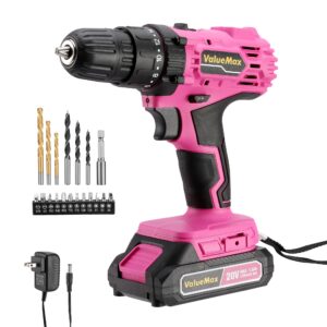 valuemax pink cordless drill set, 20v lithium-ion power drill set with led light and magnetic holder, 3/8-inch keyless chuck, 18+1 torque settings, electric cordless drill set with battery and charger