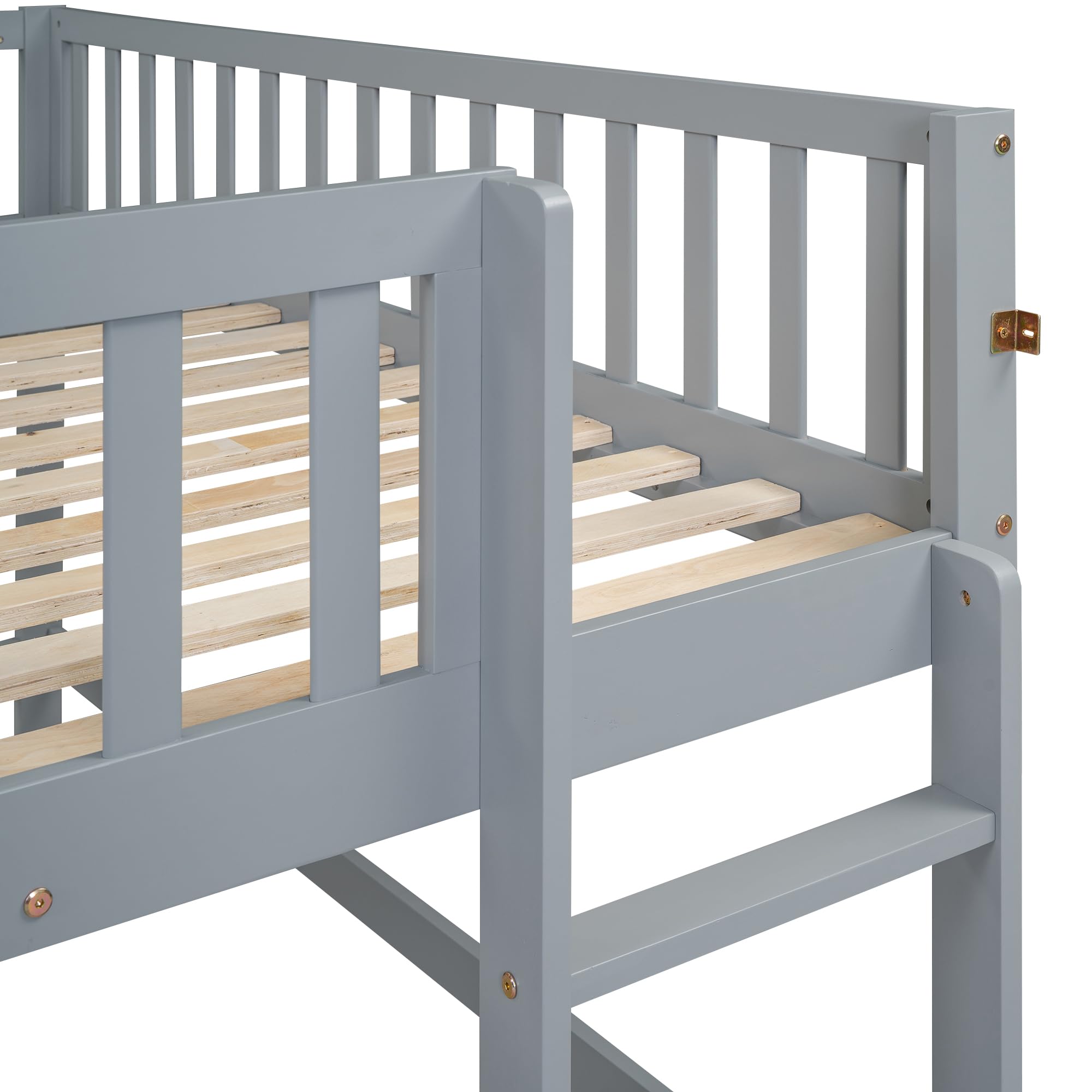 Harper & Bright Designs Full Size Low Loft Bed with Slide, High Guardrail & Ladder, Kids Wooden Full Loft Bed Frame for Girls,Boys, No Box Spring Needed, Gray