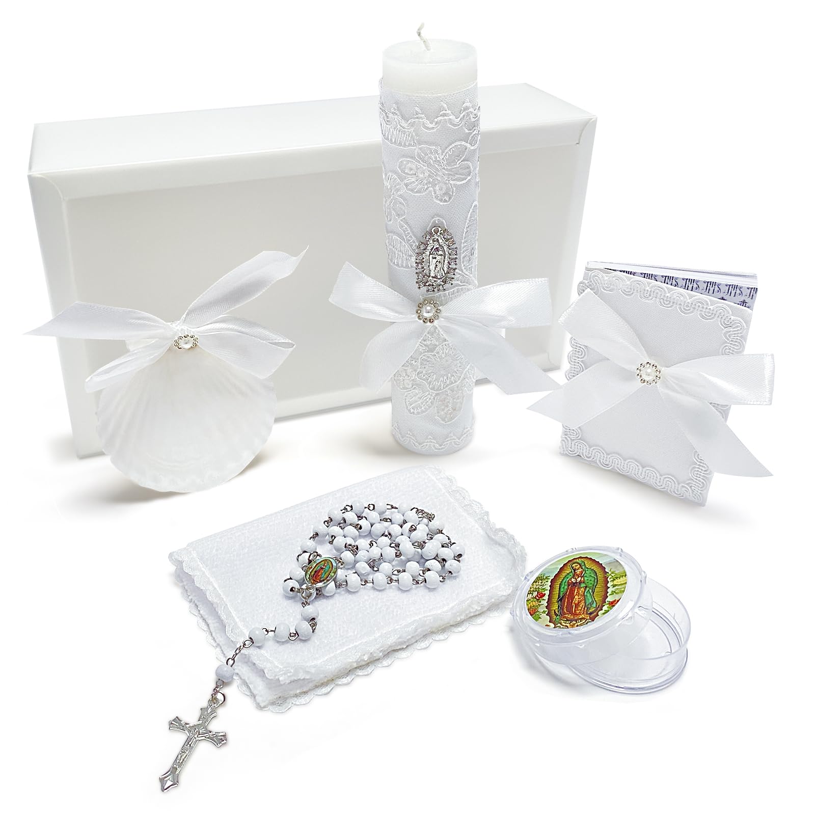 Baptism Candle Set for Boys Girls,White 5 PCS Baptism Kit Virgen De Guadalupe Catholic Candle,Baptism Towel,Baptism Shell,Rosary,Bible for Baby Dedication Christening Gift,Velas para Bautizo Niño