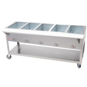 Kratos Commercial Mobile Electric Steam Table/Hot Food Table, 5 Wells, Stainless Steel, NSF 240V (28W-200)