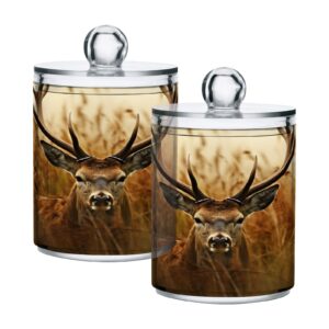 sdmka 2 pack apothecary jars bathroom antler deer qtip holder dispenser clear plastic storage canister jar with lid for cotton ball, cotton swab