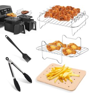 dual basket air fryer accessories for ninja foodi dz401 dz550 dz302 & other 10 quart 2-basket dualzone air fryers, come with air fryer rack set, 100pcs paper liners, silicone brush & tongs