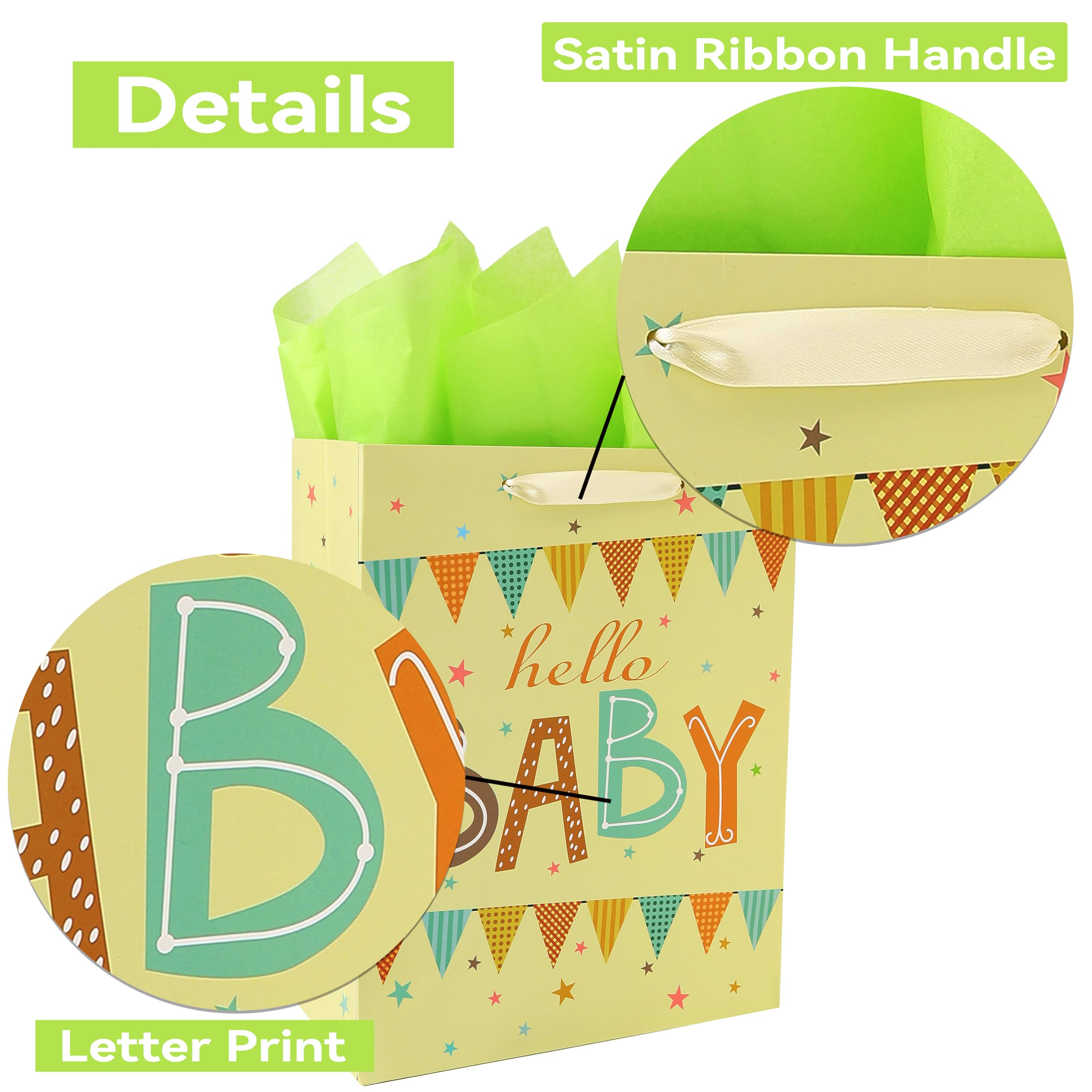 13" Large Light Yellow Gift Bag Set with Greeting Card and Green Tissue Paper(Hello Baby) for Baby Shower,Kids Birthday Party,Baby Boy or Girl, Newborn,New Moms or Parents 10.2”x5.2”x13”, 1 Pcs