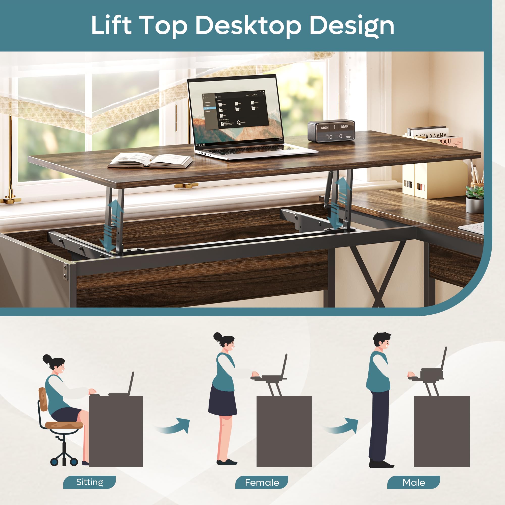 Bestier Lift Top L Shaped Desk with File Drawer, 55'' x 55'' Office Desk with Reversible Storage Drawers, L Shaped Standing Desk with Computer Monitor Stand (Walnut, 55'' x 55'')