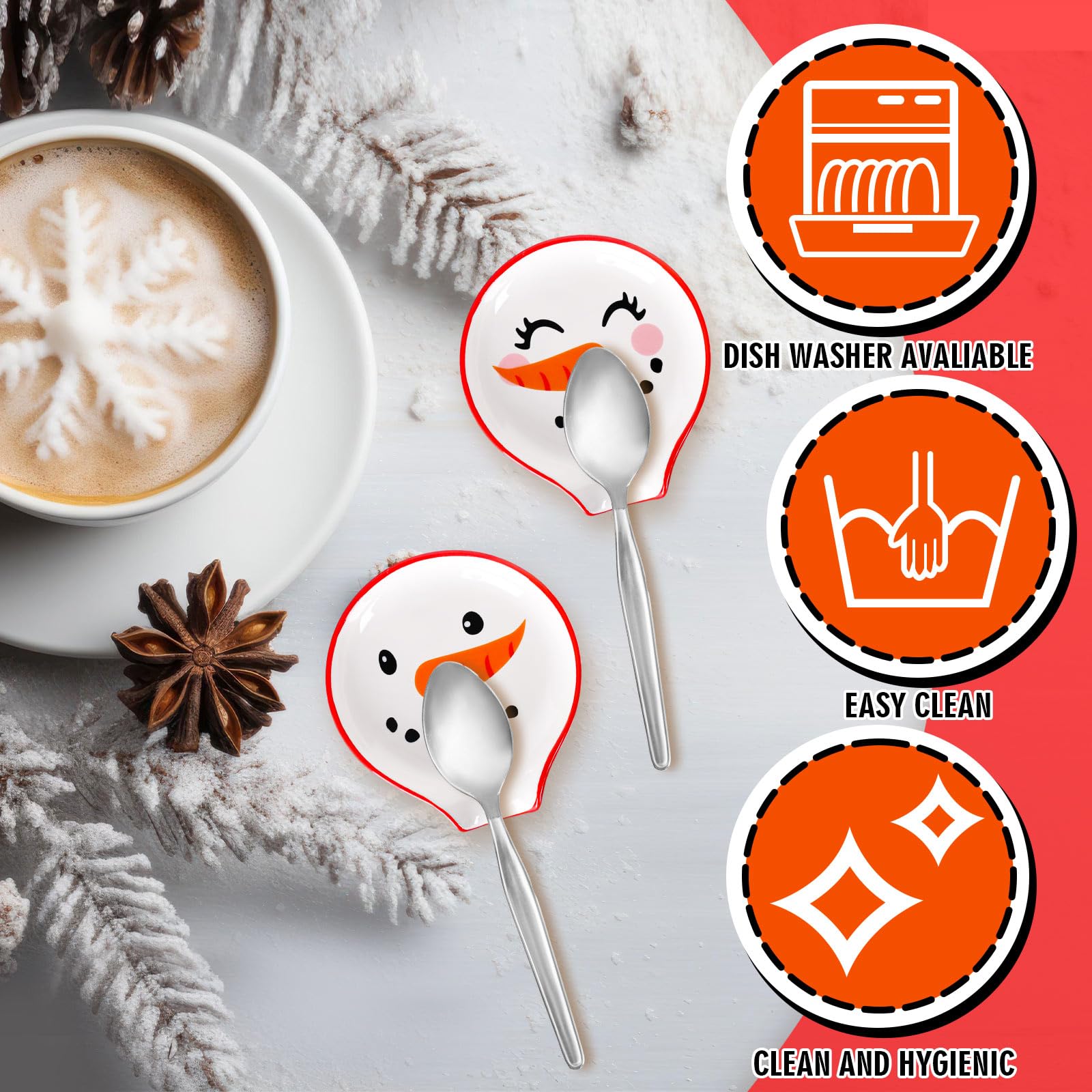 Whaline 2Pcs Christmas Coffee Spoon Rest Snowmen Ceramic Teaspoon Holder Xmas Holiday Sauce Dishes Dipping Bowl Ring Dish for Teacher Gift Kitchen Office Bar Coffee Stirrers