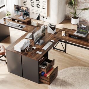 Bestier Lift Top L Shaped Desk with File Drawer, 55'' x 55'' Office Desk with Reversible Storage Drawers, L Shaped Standing Desk with Computer Monitor Stand (Walnut, 55'' x 55'')