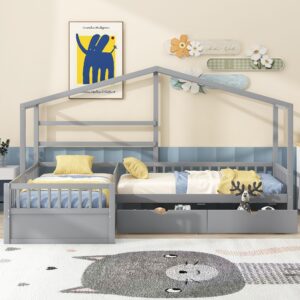 Merax House Bed for 2 Kids Twin Size, Wood L-Shaped Double Platform Bed with 3 Storage Drawers, for Boys Girls Teens, Grey