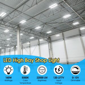 Yolovis 2 Pack 1.2FT LED High Bay Shop Light, 160W Linear Mini Shop Light, Super Bright 22000LM 138LM/W, 120-277V, 0-10V Dimmable, 5000K Daylight Hanging Light for Garage Workshop Warehouse