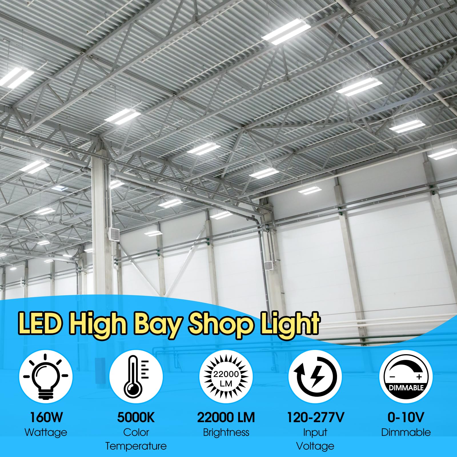 Yolovis 2 Pack 1.2FT LED High Bay Shop Light, 160W Linear Mini Shop Light, Super Bright 22000LM 138LM/W, 120-277V, 0-10V Dimmable, 5000K Daylight Hanging Light for Garage Workshop Warehouse