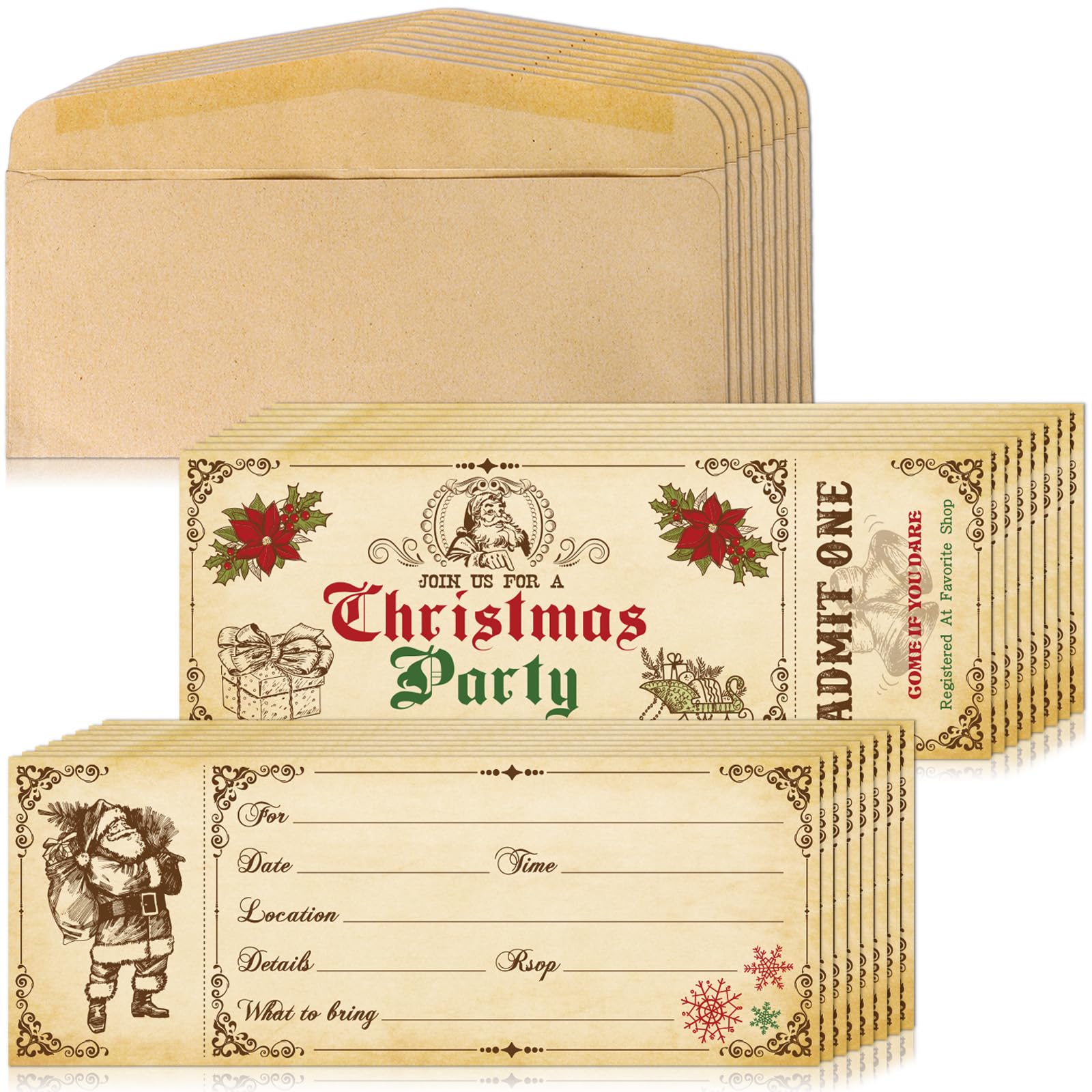 Whaline 25Pcs Christmas Party Invitation with Envelopes Vintage Style Santa Claus Party Ticket Invites Cards Xmas Party Invites for Winter Baby Shower Celebration New Year Birthday Party