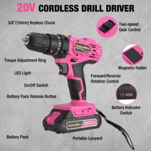 ValueMax Pink Cordless Drill Set, 20V Lithium-ion Power Drill Set with LED Light and Magnetic Holder, 3/8-Inch Keyless Chuck, 18+1 Torque Settings, Electric Cordless Drill Set with Battery and Charger