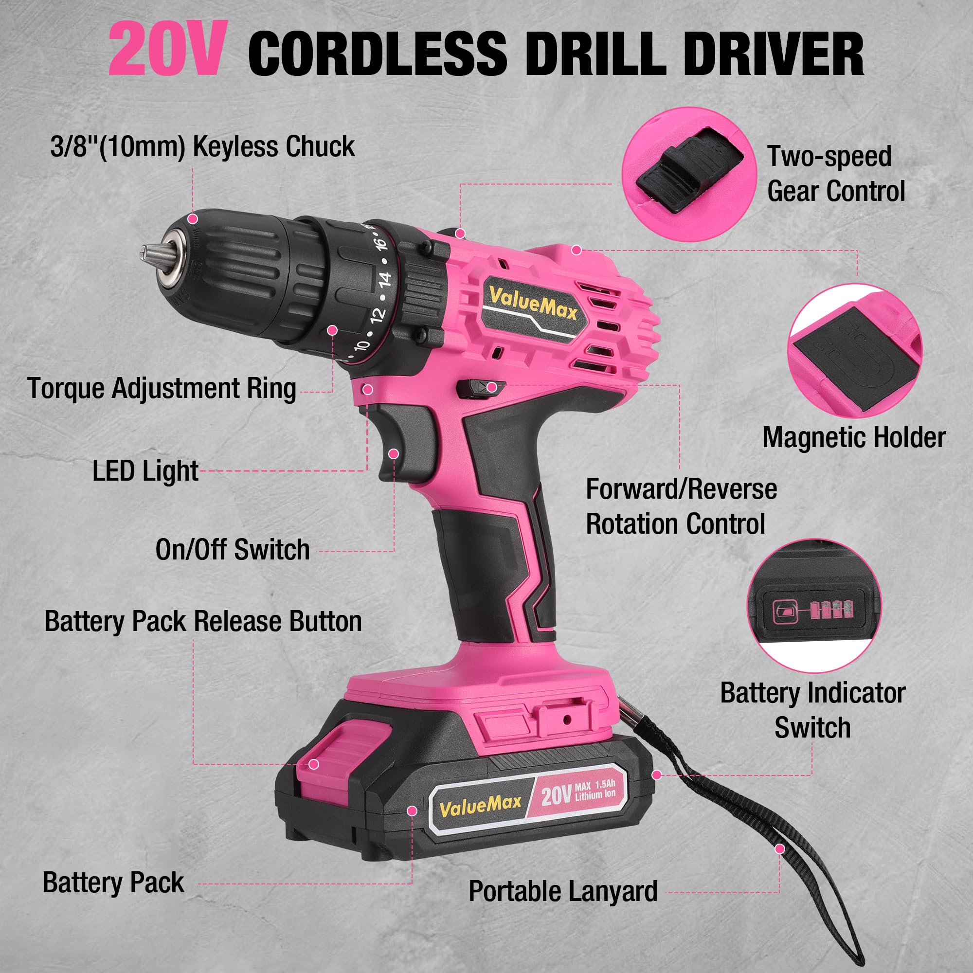 ValueMax Pink Cordless Drill Set, 20V Lithium-ion Power Drill Set with LED Light and Magnetic Holder, 3/8-Inch Keyless Chuck, 18+1 Torque Settings, Electric Cordless Drill Set with Battery and Charger