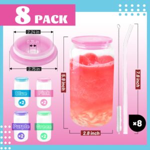 Joyclub 8pcs Glass Cups with Acrylic Lids and Straws 16 oz Can Shaped Glass Iced Coffee Cups with Lids and Straws, Cute Tumbler Cup Drinking Glasses for Smoothie Whiskey Boba Soda Tea Gift