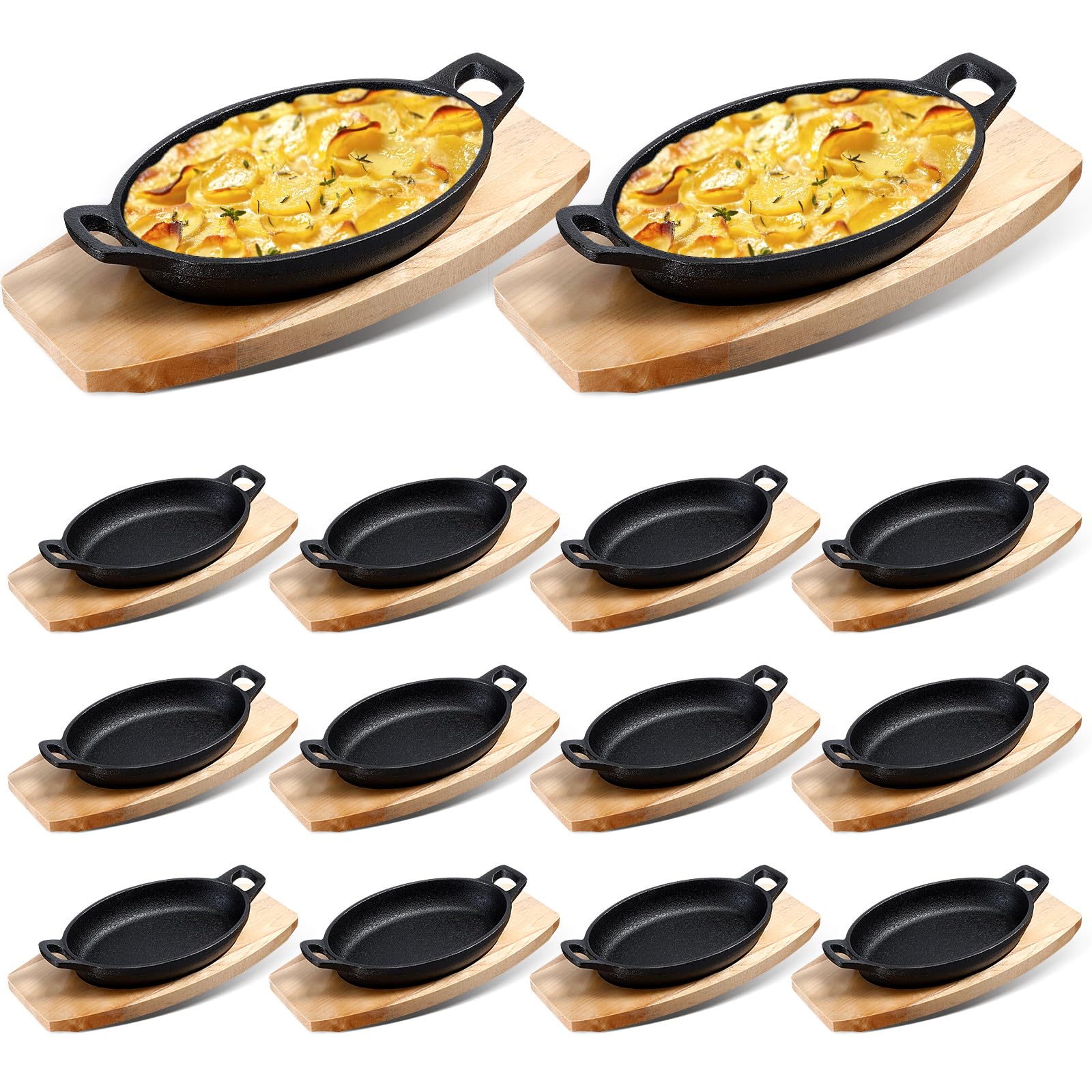 Mifoci 12 Sets Cast Iron Skillet with Wooden Base Mini Cast Iron Fajita Plates Oval Dish Tray Serving Sizzling Plate Cast Iron Pan for Baking Roasting Cooking Kitchen Restaurant,8.7 x 4.7 x 1.6 Inch