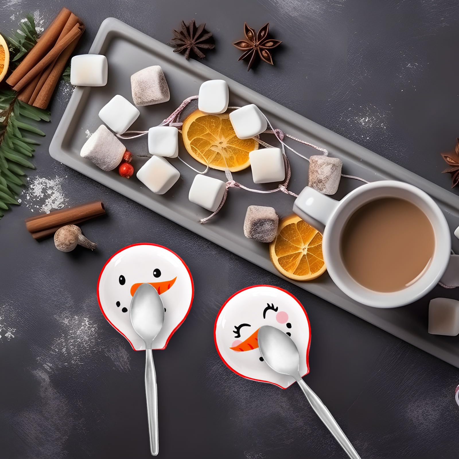 Whaline 2Pcs Christmas Coffee Spoon Rest Snowmen Ceramic Teaspoon Holder Xmas Holiday Sauce Dishes Dipping Bowl Ring Dish for Teacher Gift Kitchen Office Bar Coffee Stirrers