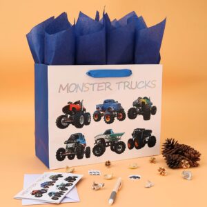 13" Large Truck-themed Gift Bags Set with Greeting Card and Tissue Paper (Monster Trucks Design) for boys, Kids Birthday Party,Baby boy,Baby Shower,Newborn,New Moms or Parents -13”x5.2”x10.2”, 1 Pcs