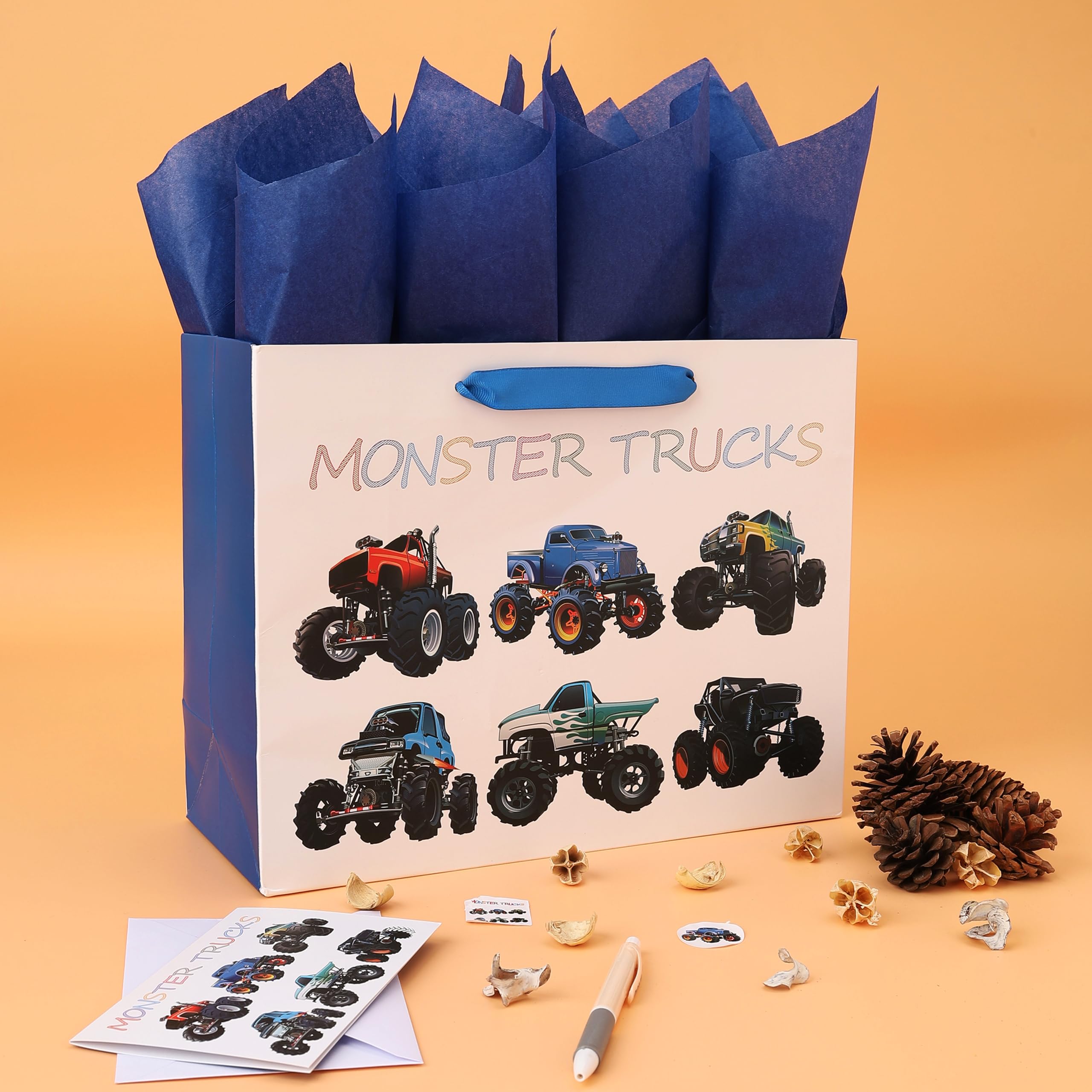 13" Large Truck-themed Gift Bags Set with Greeting Card and Tissue Paper (Monster Trucks Design) for boys, Kids Birthday Party,Baby boy,Baby Shower,Newborn,New Moms or Parents -13”x5.2”x10.2”, 1 Pcs