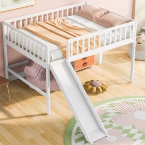 Harper & Bright Designs Full Size Low Loft Bed with Slide, High Guardrail & Ladder, Kids Wooden Full Loft Bed Frame for Girls,Boys, No Box Spring Needed, White