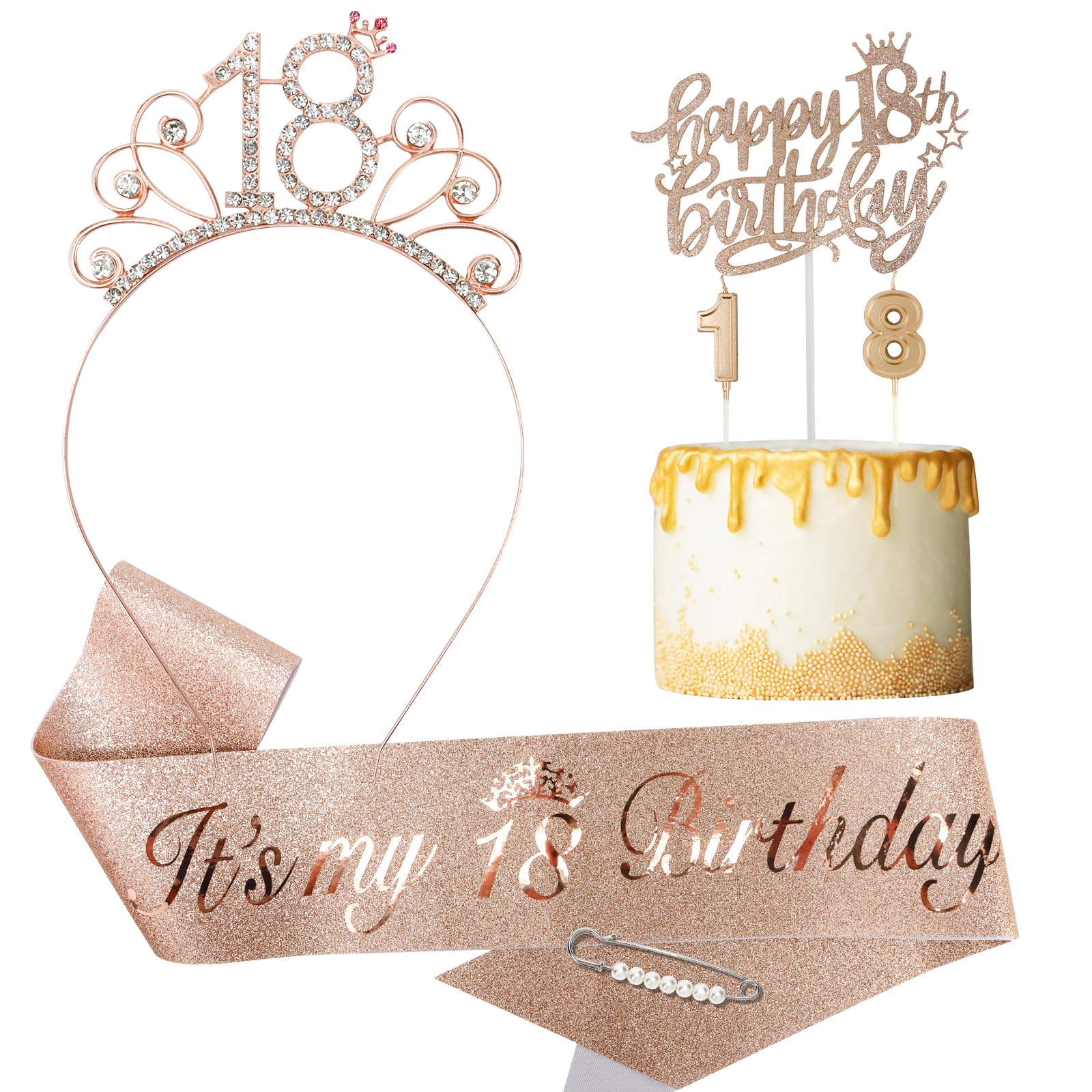 Tihebax 4Pcs 18th Birthday Decorations for Girls, Including 18th Birthday Sash with Pearl Pin Happy 18th Birthday Cake Toppers 18th Birthday Candles Sparky 18th Tiara Crown Birthday Gift for Girls