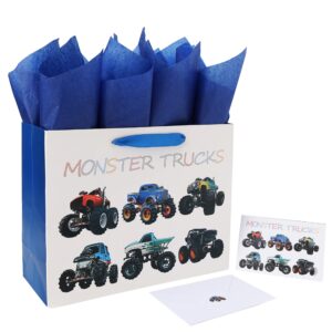 13" large truck-themed gift bags set with greeting card and tissue paper (monster trucks design) for boys, kids birthday party,baby boy,baby shower,newborn,new moms or parents -13”x5.2”x10.2”, 1 pcs