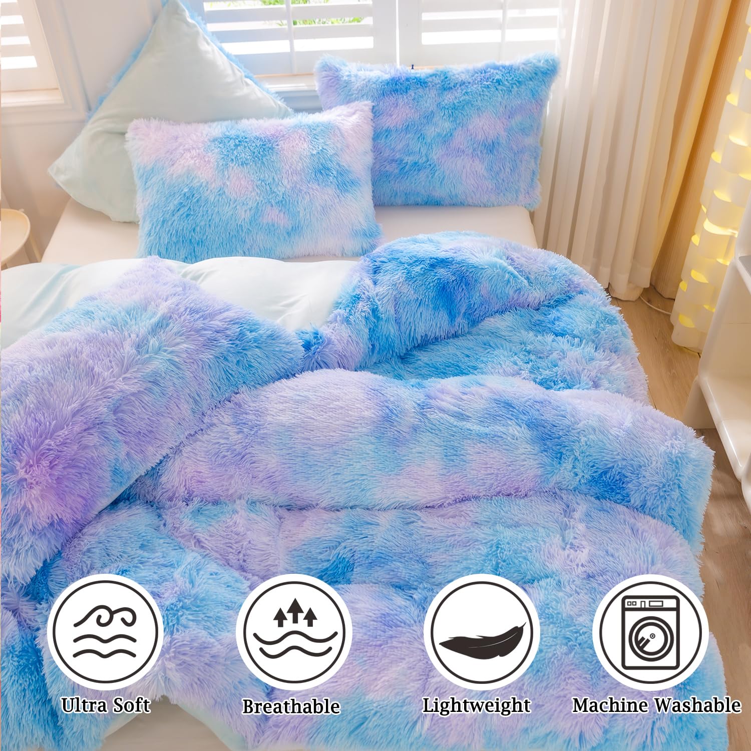 ZRNBAST Shaggy Faux Fur Duvet Cover Set Blue Purple Twin Size Bedding Sets for Girls Kids 3 Pcs Soft Fluffy Tie Dye Ombre Duvet Covers with Zipper Closure(Blue,Twin)