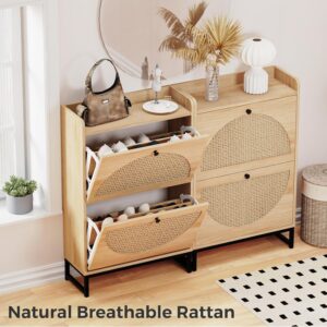 KFO Shoe Cabinet with 2 Handmade Natural Rattan Flip Drawers, Entryway Shoe Rack Storage Organizer for Sneakers, Leather Shoes, Slippers, Free Standing Shoe Racks……